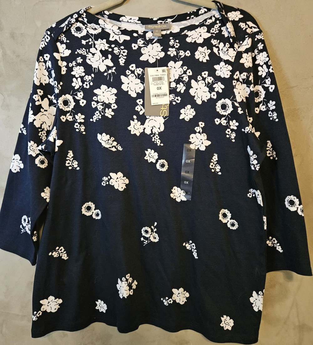 Style & Co. 0X Navy White Floral Top Round Neck 3/4 Sleeve Supima Cotton NWT